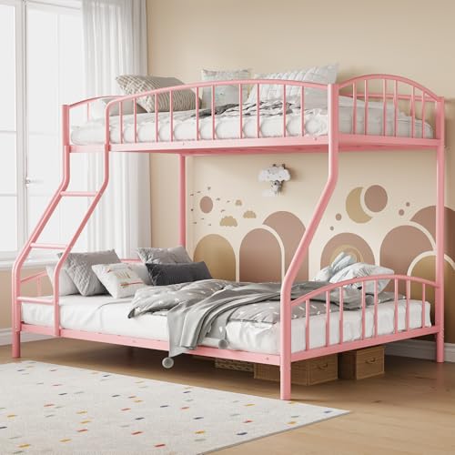 Garvee Bunk Bed Twin Over Full with Ladder and Arched Guardrail Heavy Duty Bunkbeds Frame with Sturdy Steel Slats Support for Kids Boys Girls Space-Saving No Box Spring Needed Pink