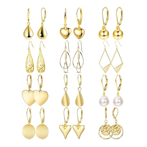 12 Pairs Gold Silver Heart Dangle Earrings Teardrop Earrings for Women Waterdrop Lightweight Circle Disc Coin Geometric Flat Brushed Drop Hypoallergenic Earrings Jewelry Gifts