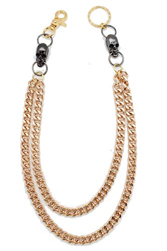 TFJ Men Gold Wallet Chain Links Biker Gothic Black Skull Charm Long 2 Strands