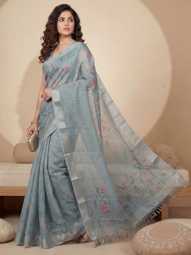Image of AKHILAM Women's Floral Printed Handloom Cotton Silk Saree with Zari Border and Tassel Pallu Unstitched Blouse Piece | Traditional Ethnic Wear Sarees | Women saree silk | Festive Sari Women's