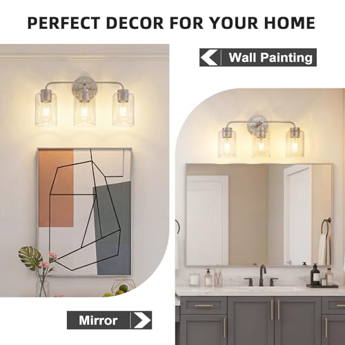 Image of 3-Light Bathroom Light Fixtures, 18 inch Brushed Nickel Vanity Light | Thick Seeded Glass, Bathroom Wall Lamp for Mirror, Rust-Proof, Reversible Up /Down Mount, ETL Certified, E26 Ceramic Sockets