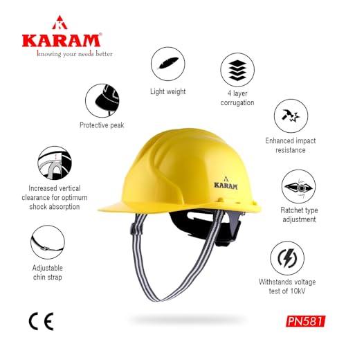 Image of KARAM PN581 Safety Industrial Helmet for Men | Light Weight with Ratchet Type Adjustment | Comfortable Fit & Durable Hard Hat | EN Certified | Yellow