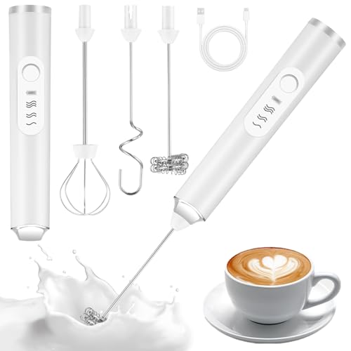 TIDEVAN 3 en 1 Espumador de Leche Batidora de Leche Espuma USB Recargable Batidora de Leche con 3 Varillas, Regulable en 3 Velocidades,Batidora de Leche Portátil para Huevos, Lattes,Capuchino (Blanco)