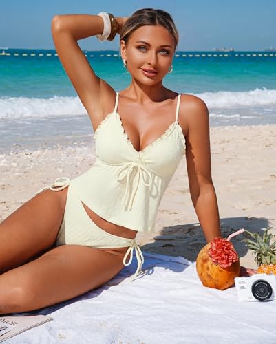 Image of ZAFUL Women's V Neck Textured Knot Tie Ruffle Trim Tankini Swimsuits | Back Self Tie, Sexy Plunging Neck, Relaxed Tummy Control Tank Top, Tie Side Cheeky Bikini Bottom, 2 Piece Bathing Suit