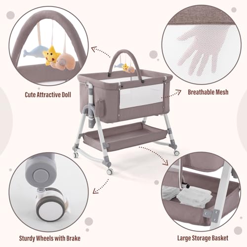 Jaoul 4 in 1 Baby Bassinet Bedside Sleeper Baby Crib, Adjustable Cosleeper for Baby, Easy Folding Portable Baby Bed Rocking Bassinets with Comfy Mattress Mosquito Net Storage for Infant Newborn Khaki