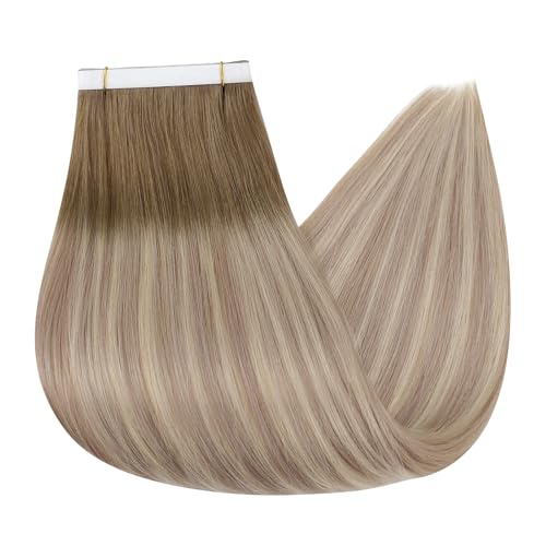 Image of Full Shine Hair Extensions Real Human Hair Tape in Color 8 /60 /18 Tape in Extensions 22Inch Genius Wide Long Weft Remy Seamless Invisible Extension 50G Natural Straight Soft One Piece