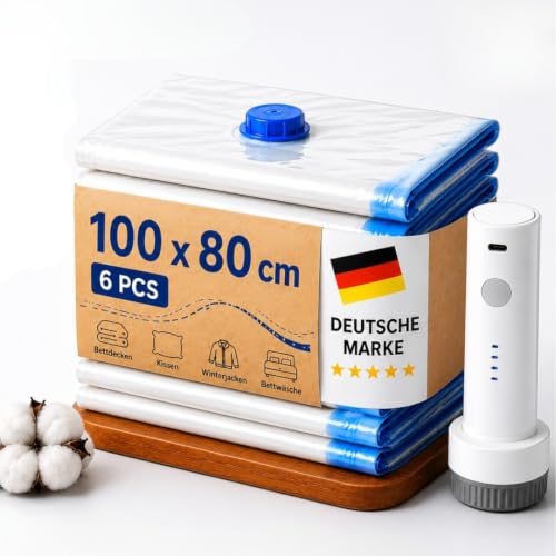 GERMALY XXL Vakuumbeutel-Set 6× 100x80 cm + elektische Pumpe — Komplett-Set für Bettdecken, Daunendecken & Winterjacken | luftdicht, Doppel-Zip + Ventil | platzsparend wiederverwendbar