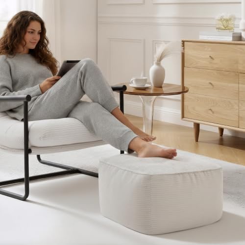 Image of Square Stuffed Pouf Ottoman, Corduroy Oversize Foot Rest,Beige