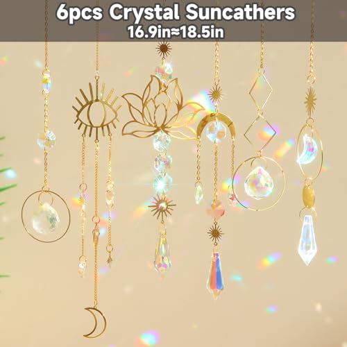 Sun Catcher Crystal Wind Chime, Pack of 6 Crystal Pendant Decoration, Gold Moon Star Rainbow Crystals Pendant - Image 2