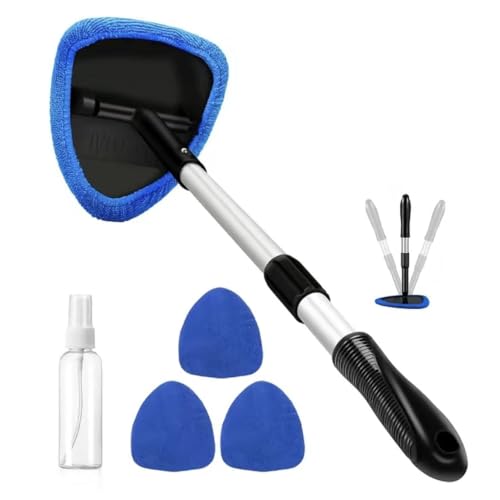 Car Windscreen Cleaner Tool Telescopic Handle Car Cleaning Kit with 4 Reusable Microfiber Pads Auto Windshield Cleaner for Interior Exterior Glass