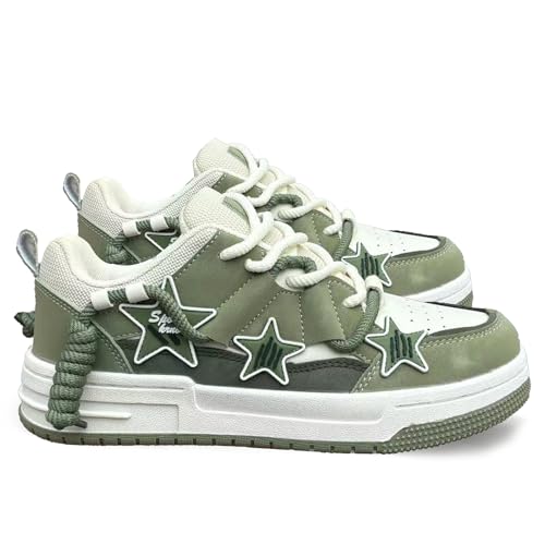 Y2K Chunky Star Print Sneakers for Women – Preppy Vibe Casual Thick Sole Shoes with PU Material, Versatile Elevated