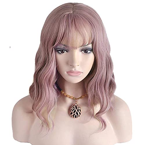 Beron 14 Inches Purple Wig Short Curly Wig Women Girl's Synthetic Wig Dust Purple Wig With Bangs Wig Cap Included #TOP1