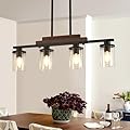 Pendant Lights Kitchen Island, 4-Light Farmhouse Chandeliers for Dining Room, Black Linear Chandelier with Clear Glass Shades, Modern Rustic Wood Chandelier with Adjustable Height