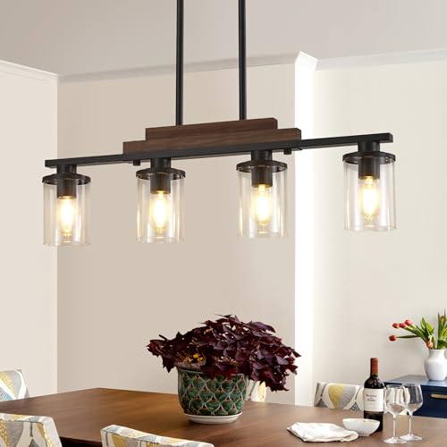 Pendant Lights Kitchen Island 4 Light Farmhouse Chandeliers for Dining Room Black Linear Chandelier with Clear Glass Shades Modern Rustic Wood Chandelier with Adjustable Height