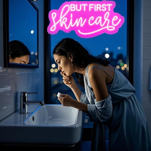 Image of But First Skin Care Neon Sign Pink Wall Decor for Beauty Salon Spa | Cosmetic Salon Aesthetic Center Salon Door Decorative Acessories, Spa Day Gifts for Women