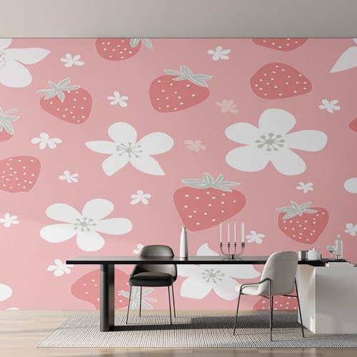 Genérico Papel Pintado Fresa, Papel Pintado pared Dormitorio Flores Blancas, Decoracion pared Salon, Fotomurales Tejido no Tejido, 366 x 254 cm K-MZ&1