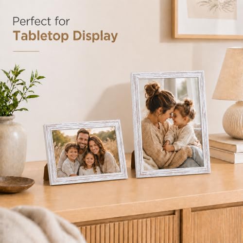 Image of JCJMY 5.5x8.5 Picture Frame for Wall Hanging or Tabletop, Wall Mounting Horizontally or Vertically, 5.5 x 8.5 Wall Gallery Poster Photo Frame with Durable Shatter Resistant Plexiglass, Rustic White