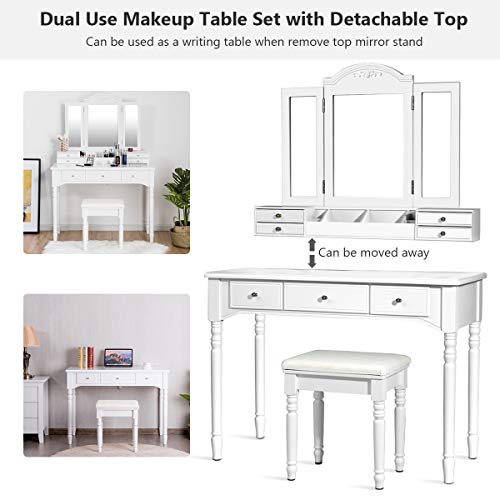 Charmaid Vanity Desk Set, White Dressing Table With Trifold Mirror, 8 Necklace Hooks, 7 Drawers, Storage Grid Organizer Box, Makeup Vanities With Cushioned Stool For Girls Women Bedroom #TOP5