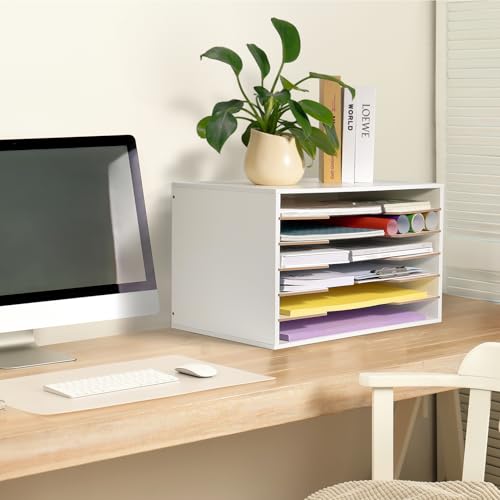 Image of Yumkfoi 12x18 Construction Paper Organizer, Larger Size Wooden Literature Organizer, 6-Tier Desktop File Organizer for Home and Classroom, Adjustable Paper Sorter for Office
