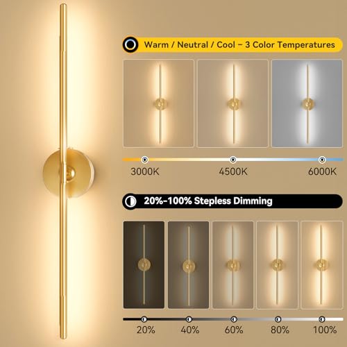 Image of Ouyulong Battery Operated Wall Sconces Set of 2, 8000mAh Wireless Rechargeable 3000-6000K Dimmable 350 Rotate Wall Light with Remote for Living Room, Bedroom 31.6in Gold