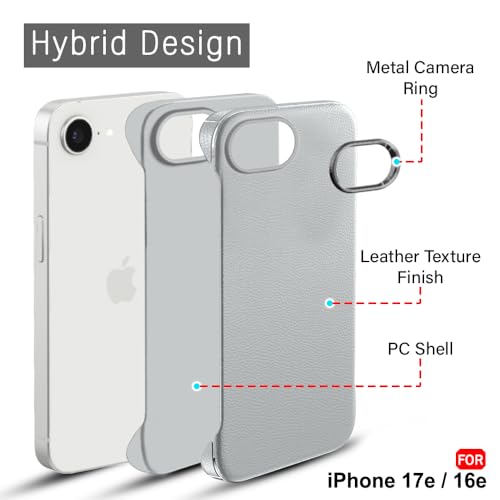 Image of TheGiftKart for iPhone 16e / iPhone 17e Case, Slim Hard Back Cover, Leather Texture Finish, Metal Camera Ring, Lightweight Profile, Hybrid Ultimate Slim Back Cover Case (PC & TPU, Grey)