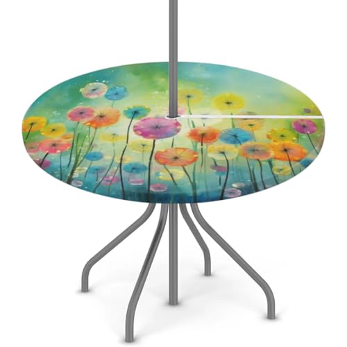 Round Outdoor Tablecloth with Umbrella Hole 45"-56" Zippered Elastic Table Cloth Dandelion Outdoor Round Fitted Table Cloth Waterproof Umbrella Zippered Tablecloth for Patio