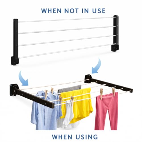 Image of Cloth Drying Foldable Wall Mount Stand with 50 Feet Rope and 5 Rows for Balconies, Terrace I Indoor & Outdoor Use I Space Saving I Metal Black I (Foldable Wall Mount Stand)