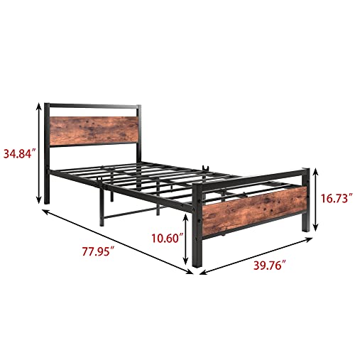 Image of BOFENG Twin Size Bed Frame with Vintage Wood Headboard Farmhouse Bed,Heavy Duty Metal Platform Single Bed Frames No Box Spring Needed,Firm Mattress Foundation Steel Slat Support Easy Assembly(Brown)