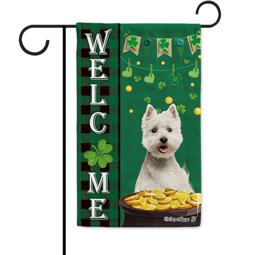 Fête de la Saint-Patrick de chien Drapeau de jardin de bienvenue West Highland Blanc Terrier Westie Trèfle Pièces d'or Vert Carreaux Carreaux Buffalo Décor Bannière de cour pour cour en plein air 30,5