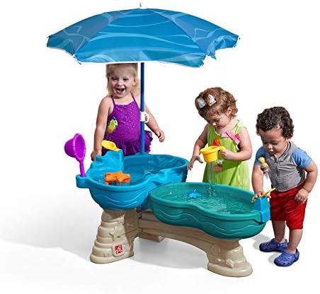 Step 2 Spill & Splash Seaway Water Table for Kids, Two-Tier Outdoor Kids Water Sensory Table with Umbrella, Ages 1.5+ Years Old, 11 Piece Water Toy Accessories