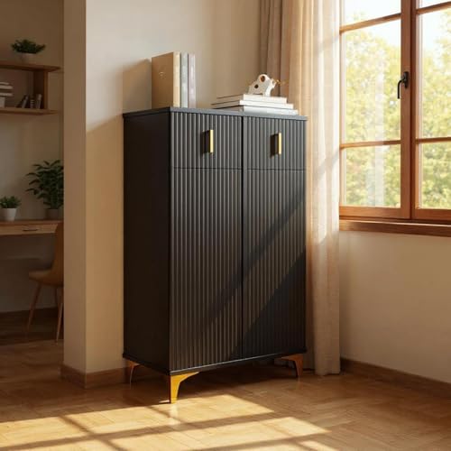 FurnitureR Schwarzer Homeoffice-Schrank, Moderner Stil, Partikelholz, Platzsparendes Möbelstück, 83x35x101cm, Stabile Konstruktion für Büro und Zuhause