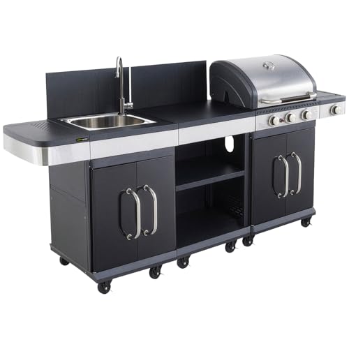 Cuisine extérieure modulable FIDGI 3 avec housse – Barbecue gaz 3 brûleurs avec thermomètre, desserte fonctionnelle et évier intégré