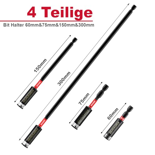 GEINXURN 4 Stück Bithalter Magnetisch Bit Verlängerung für Schraubendreher Schnellwechsel Bit Halter S2 Stahl 1/4” Sechskantschaft Universell Bit Extension (60mm, 75mm, 150mm, 300mm Lang)