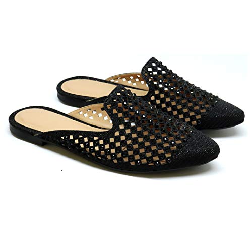 Sapatilha Mule Feminino Rasteira Sandália Diamantada (37, Preta)