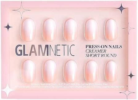 Glamnetic Press On Nails - Creamer | UV Finish Neutral Ombre Short Round Nails, Reusable | 15 Sizes - 30 Nail Kit with Glue