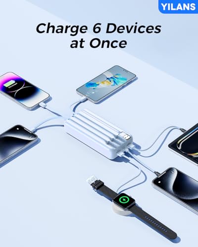 Image of Portable Charger,50000mAh Power Bank Built-in Cable, 22.5W PD USB C In & Out Fast Charging, External Battery Pack with 6 Output & 2 Input, Travel Phone Charger for iPhone 17 /16 /15 /14 /13 /12(Azure)