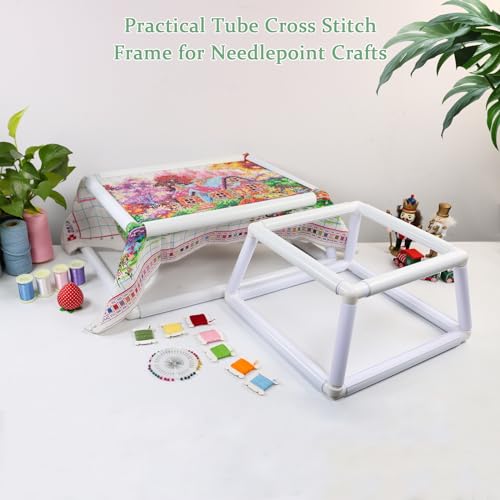 Image of guofa Tube Embroidery Hoop Frame - 2-Tier Trapezium Cross Stitch Stand, PVC Quilting Frame for Needlework, Embroidery, Sewing and Crafts (9.84''x13.77''