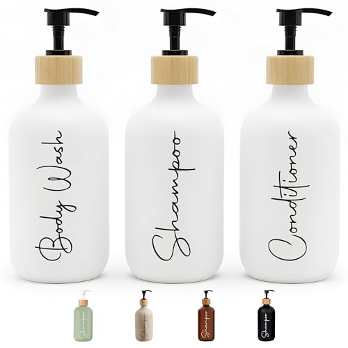 FCINNOVA Dispensador Jabon Baño blanco mate 500ml Set de 3 Botes para Gel y Champu Acondicionador y Embudo para rellenado Este Dosificador Jabon Baño es elegante practico y mantendra su ducha ordenada