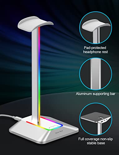 New Bee Rgb Headphone Stand With 1 Usb-C Charging Port And 1 Usb Charging Port, Desk Gaming Headset Holder With 7 Light Modes And Non-Slip Rubber Base Suitable For All Earphone Accessories (Silver) #TOP3