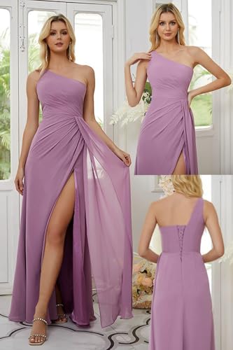 One Shoulder Bridesmaid Dresses for Women Long Ruched Chiffon A Line Formal Evening Dress with Slit KY0013