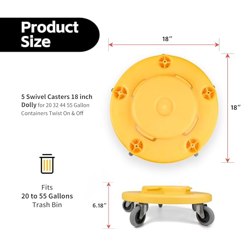 MaxWorks 50933 Round Trash Can High Visibility Yellow Dolly with 5 Swivel Casters 18 inch Dolly for 20 32 44 55 Gallon Containers Twist ON & Off Great for Shops Garages Car Detailing - Thumbnail 2