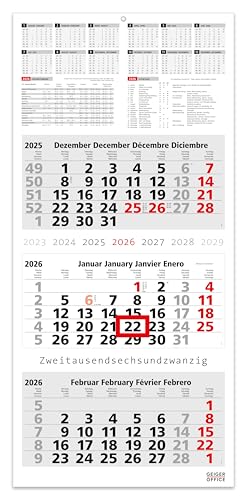 3-Monatskalender INFO - Schulferien, Feiertagen und Jahresübersicht 2026, Wandkalender I 33 x 90 cm, dekoratives Großformat mit 4 einzelnen, perforierten Kalenderblocks (INFO 3-MONATS)