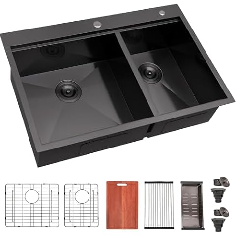 UFaucet Black 60/40 Double Bowl Kitchen Sink, 33x22 Inch Matte Black Drop In Kitchen Sink, 33 Inch Ledge Workstation 16 Gauge Stainless Steel Topmount Double Basin with Cutting Board Cover