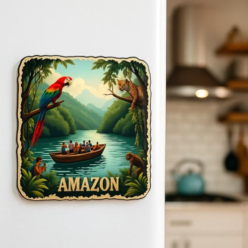 Image of Naxon Amazon Jungle Theme Souvenir Wooden Refrigerator Stylish Fridge Magnet - Travel Collectible Gift | Fridge Decoration Magnet for Kitchen & Home Decor | Rainforest & Wildlife Design | Pack of 1