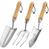 Berry&Bird Garden Tool Set- 3PCS Stainless Steel Gardening Tool Sets with Wooden Handle Trowel Weeding Fork & Digging Shovel Hand Tool Kit for Planting, Ideal Gardening Gift for Women & Men