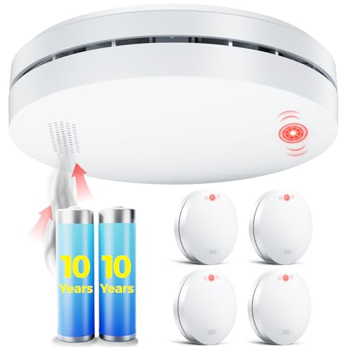 Detector de Humo con Batería de 10 Años, Victorias en Las Pruebas DIN EN 14604, Alarma de Incendio, Autoadhesiva, Detector de Humo >85dB - 5 Pieza