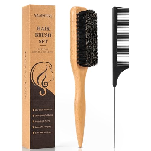 VALENTISE Boar Bristle Slick Back Hair Brush, Teasing Hair Brush with Black Carbon Fiber and...