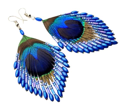Iridescent Peacock Feather Earrings, Hand Beaded Blue Color Beads Peacock Earrings for Women, Handmade Dangle Drop Feather Earrings Fashion Jewelry DA138-A3