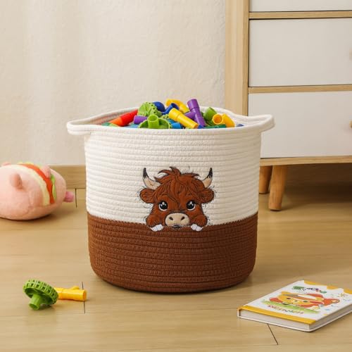 Image of Highland Cow Cute Basket for Nursery, Woven Cotton Rope Storage Basket for Kids, Baby Blanket Organizer with Handles, Storage Basket for Blanket Towel Toys Clothes, Highland Cow Decor, Medium