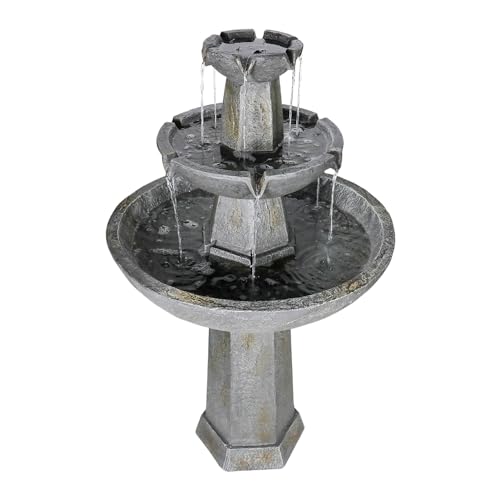 Image of SunJet 43.3 inch High 3-Tiers Modern Concrete Outdoor Water Fountain - Round Large Outdoor Fountains and Waterfalls for Garden, Patio, Yard, and Deck Decor, Featuring Natural Stone Look(43.3inch,Grey)